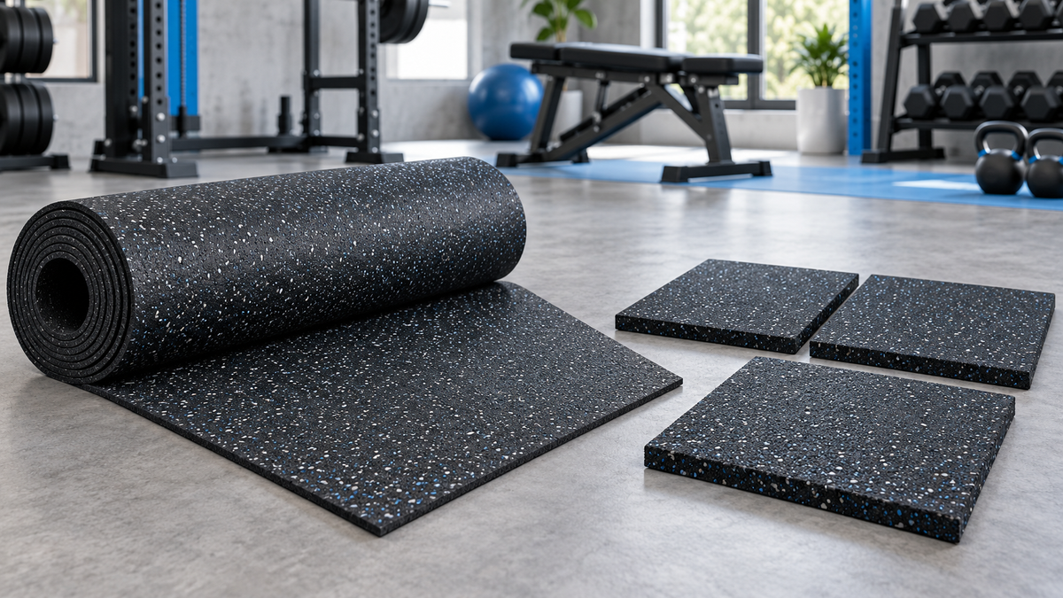 Rubber flooring roll beside square gym floor tiles