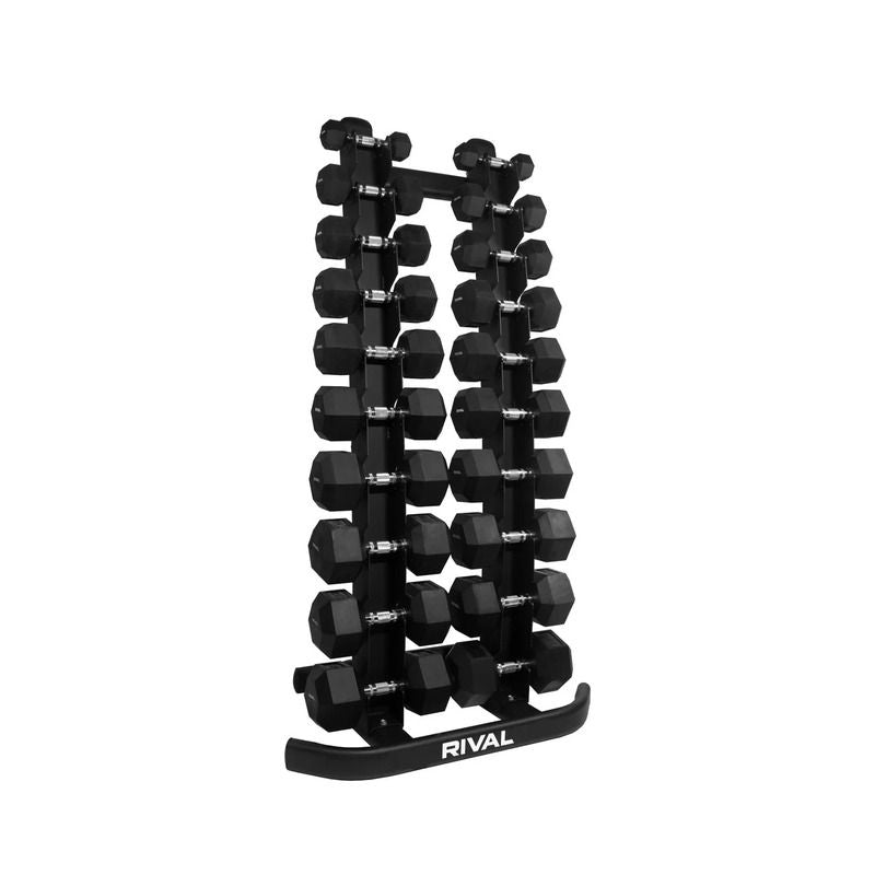 Rival Rubber Hex Dumbbell Sets with Vertical Storage Rack