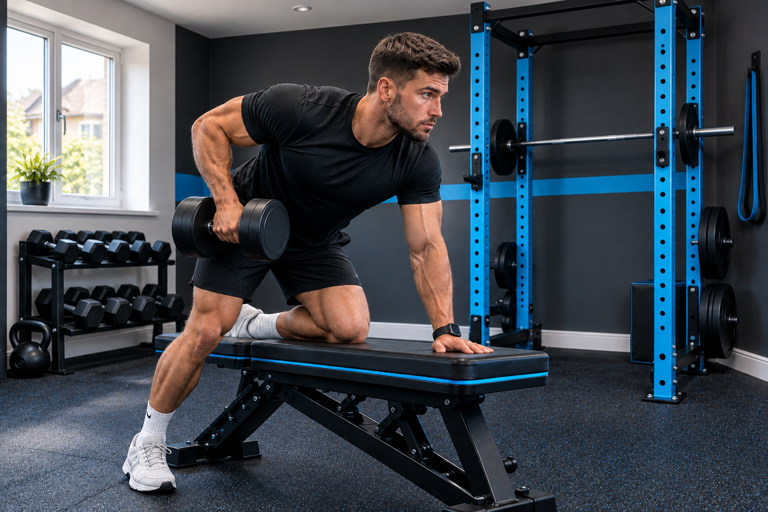 Man performing a dumbbell row in an illustrative home studio gym with Peak Foundry cyan blue and charcoal colours.
